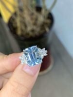 5.30-Carat Natural Emerald-Cut Aquamarine Ring: Santa Maria Color in 18K White Gold with Three-Stone Butterfly Design