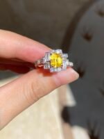 1.11-Carat Sri Lankan Asscher-Cut Yellow Sapphire Ring: Canary Yellow with 0.73-Carat Baguette Diamonds in 18K White Gold