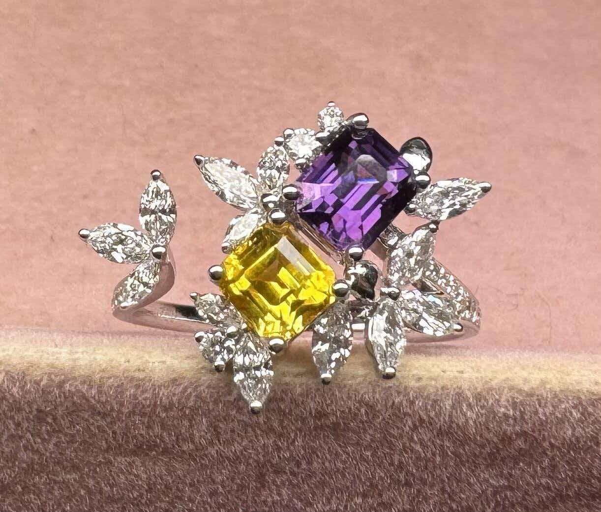 f9d028746e07a5bac6e37808a774ff1e Two 2-Carat Lab-Grown Dual-Sapphire Floral Statement Ring - Image 1
